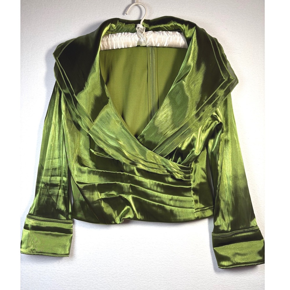 Coldwater Creek Blouse Women 10 Green Excellent Satin Wrap Portrait Collar Top